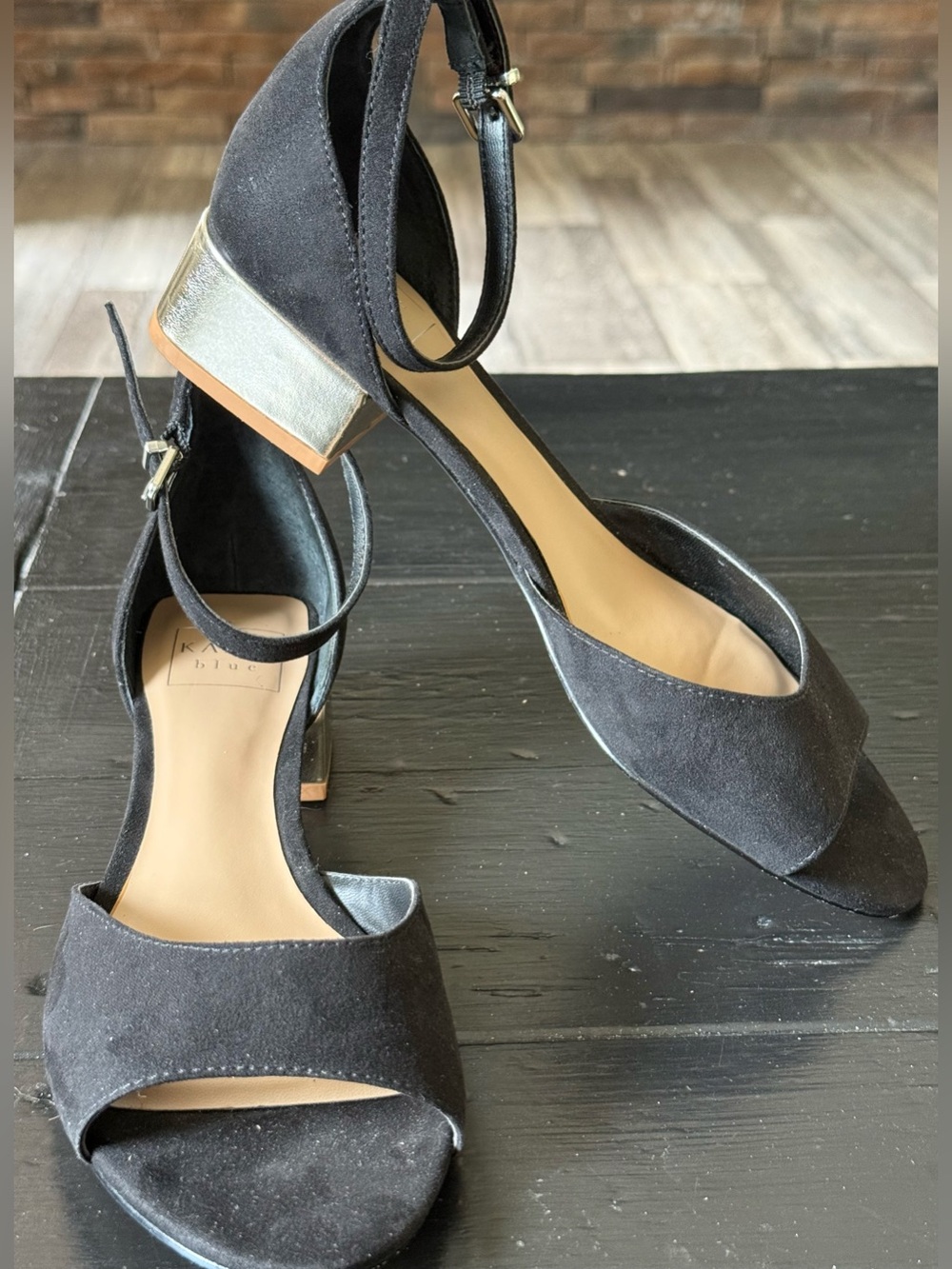 Kaari Blue - Ankle-Strap Sandals with Metallic Gold Block Heel